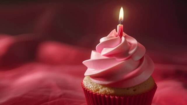Candle flickers atop cupcake as breath nears in suspended stillness