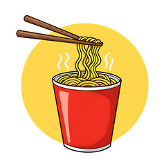 Steaming cup of noodles with chopsticks against a yellow circle