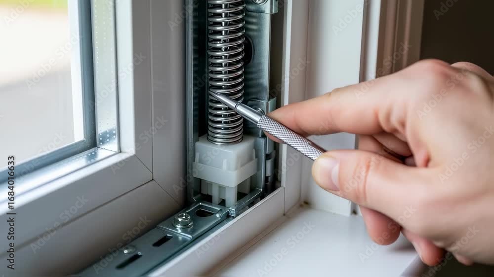 Poster visual focus on spiral balance spring tension adjustment within a doublehung window to ensure proper