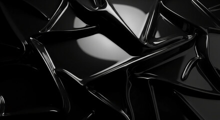 Abstract black glossy texture with folded shapes and reflective surfaces, creating a sleek and modern aesthetic, ideal for luxury or technology backgrounds