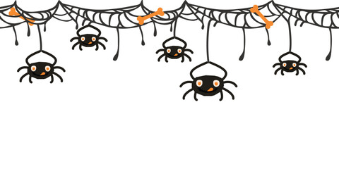 Spiders and webs seamless border. Funny characters hanging on strings. Cobweb with bones. Cartoon objects in grey, orange colors on white background. Halloween banner template. Vector illustration.