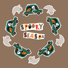 Spooky season poster with retro car, skeleton driver, pumpkin passenger, funny ghost. Cartoon characters with paper cut shapes. Round frame with stickers set. Vector design for autumn holidays.