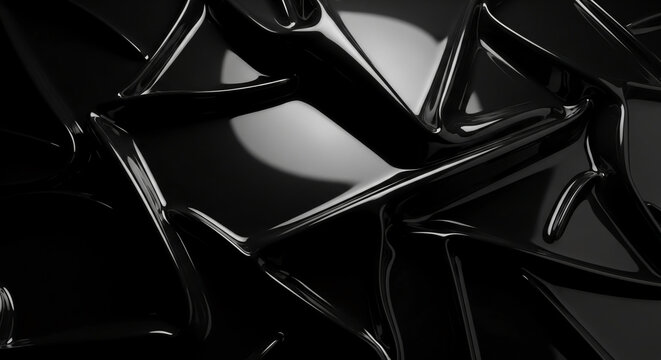 Abstract black glossy texture with folded shapes and reflective surfaces, creating a sleek and modern aesthetic, ideal for luxury or technology backgrounds