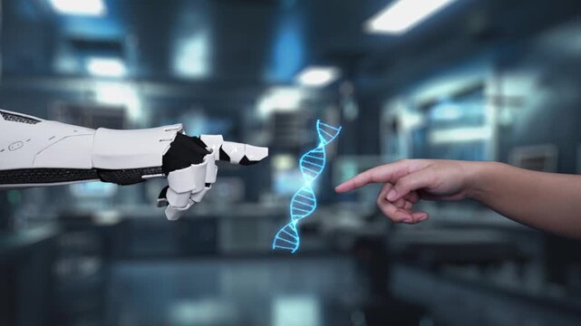 Robot and human reaching hand and pointing finger with DNA holographic floating. Close up of robotic hand and human working together while pointing finger at blurred laboratory background. Salubrious.