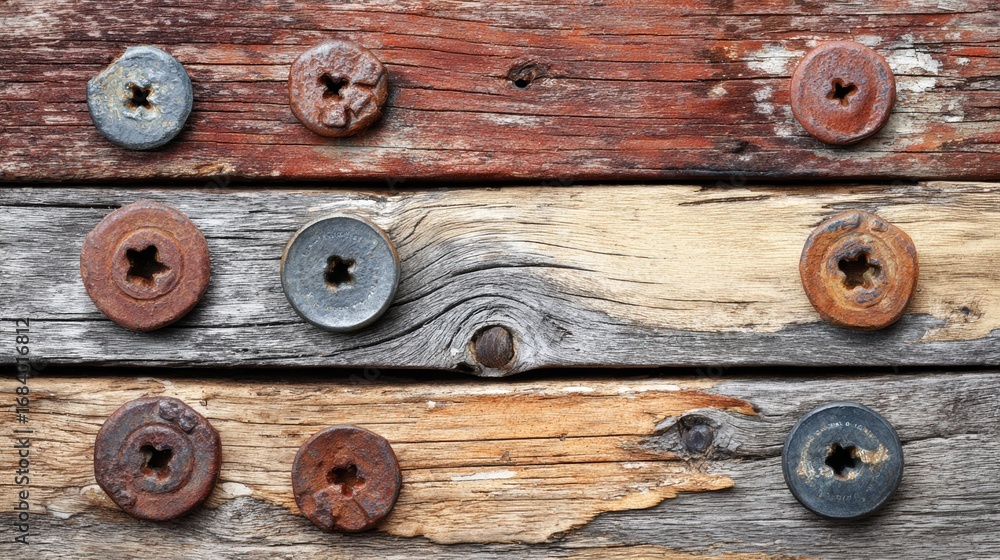 Aufkleber various screws of different colors are embedded in rustic wooden planks, each showcasing distinct te