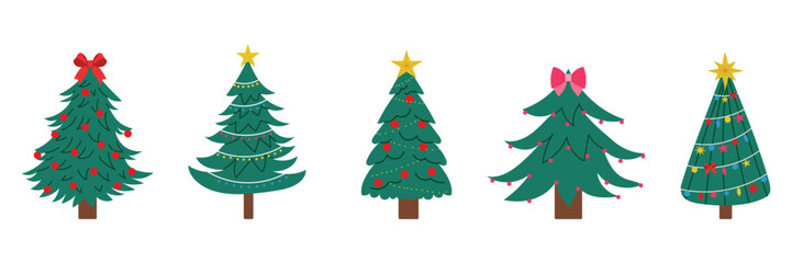Christmas trees decorated with ornaments, bows, garlands and stars. Festive holiday collection of New Year trees. Vector illustration isolated on white background.