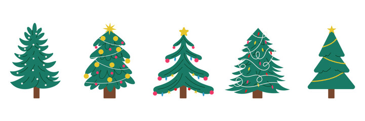 Set of Christmas trees with lights, garlands and colorful balls. Winter holiday decorations for New Year celebration.