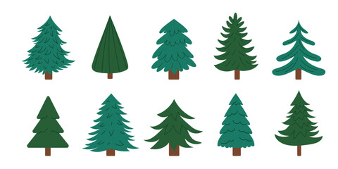Collection of simple Christmas trees. Minimal green fir and pine silhouettes in flat style. Winter holiday set for New Year design. Vector illustration isolated on white background.