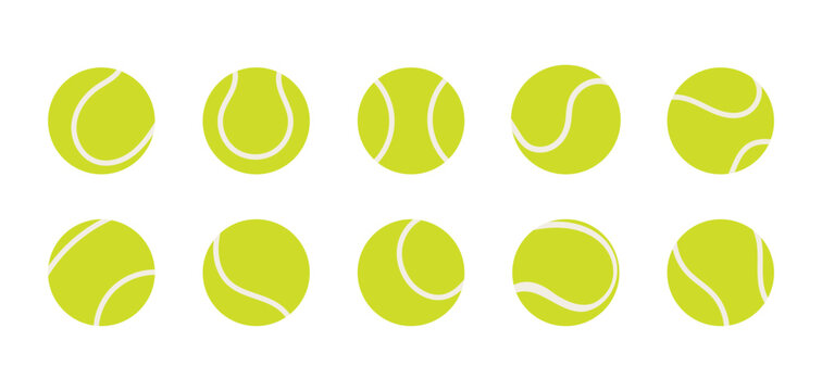 Set of tennis balls with different seam patterns. Bright green sport equipment collection for tennis game design. Flat vector illustration isolated on white background.