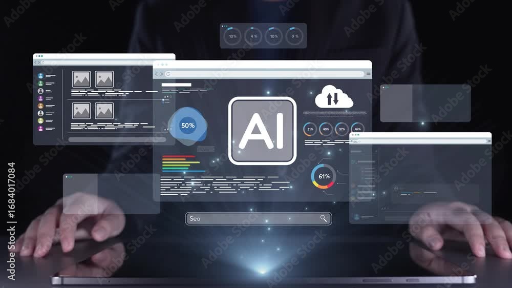 Poster a modern digital interface showcasing various screens with ai elements, data analytics, and futurist