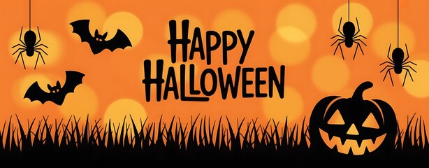 Happy halloween celebration with spooky pumpkin bats and spiders on a festive orange background illustration