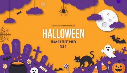 Festive halloween party scene with spooky decorations and characters on orange background illustration