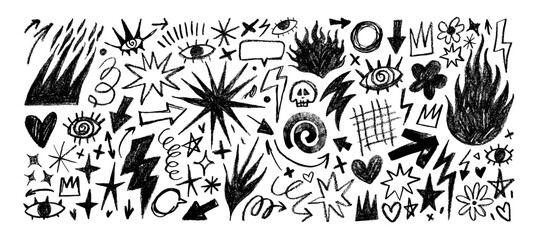 Obraz na płótnie Canvas Crayon drawn punk tattoo stickers and icons. Collection of flames, lightnings, star shapes and rock'n'roll doodles. Vector graphic pencil elements. Punk y2k sticker collection for collage
