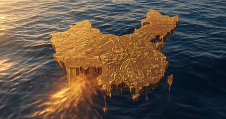 Forming gold rivulets along map edge, molten drips flowing into sea sunset, making golden ripples - Powered by Adobe