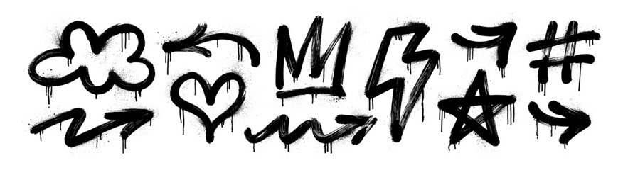 Urban graffiti spray paint icon set in street art style and gritty grunge texture for dynamic designs.