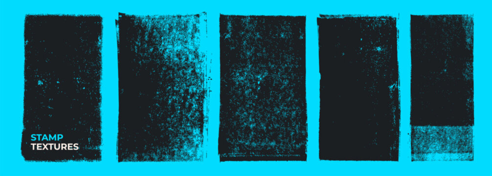 Linocut stamp rectangle texture collection. Vector ink roller textures on bright neon turquoise background. Vintage letterpress overlays with rough edges. Urban and street art design backgrounds.