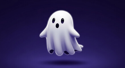 Cute cartoon ghost floats against a purple background, showcasing a playful Halloween design ideal for digital media or print