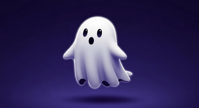 Cute cartoon ghost floats against a purple background, showcasing a playful Halloween design ideal for digital media or print