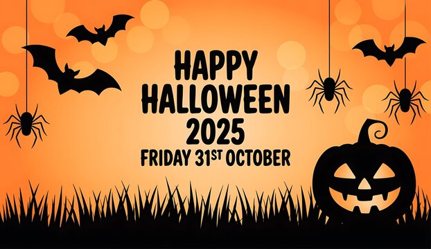 Happy halloween 2025 friday october 31st spooky celebration with bats spiders and pumpkin illustration