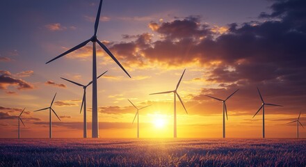 Obraz premium Wind Turbines Sunset Landscape Renewable Energy wind farm sunris