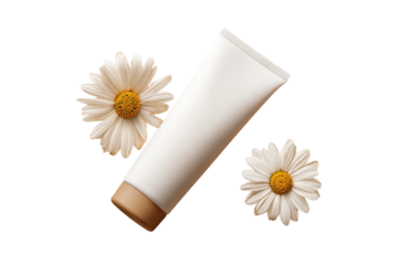 White tube of cosmetic product with two daisies
