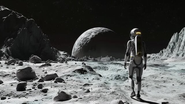 Astronaut advances as dust stirs and alien moonrise breaks silence