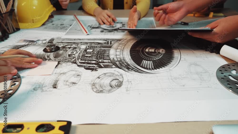 Poster a group of engineers collaborates over detailed technical drawings and schematics of a jet engine, s