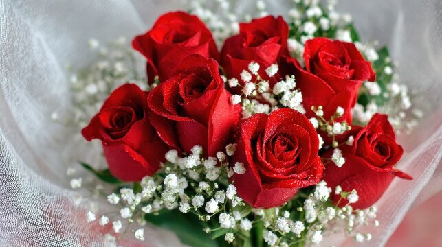 Beautiful bouquet of red roses with delicate baby s breath