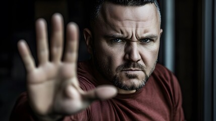 Obraz premium Serious Man Showing Stop Sign Hand Gesture Dramatic Portrait Photography