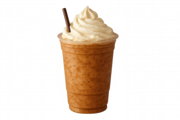 Refreshing iced coffee frappe topped with whipped cream and a straw, isolated on a transparent background