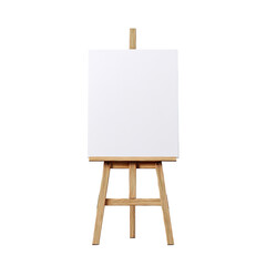 A simple, light-brown wooden easel stands against a black background, holding a blank, white canvas
