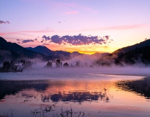 Fototapeta premium Peaceful Lake at Sunrise with a Soft Mist