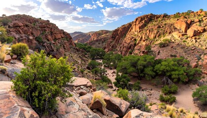 A picturesque vista of a dry riverbed nestled within a canyon, showcasing vibrant red rock formations and lush green vegetation.