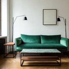 A modern living room boasts a lush emerald green velvet sofa, complemented by a marble coffee table and stylish floor lamps, all set against a clean white backdrop.