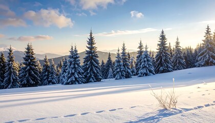 Snowy mountain landscape at sunset