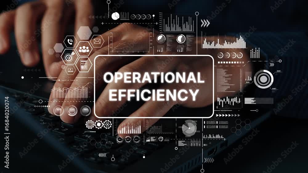 Poster hands typing on laptop with focus on operational efficiency and digital interface elements for busin