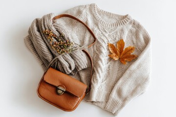 Beige sweater, tan bag, autumnal scarf