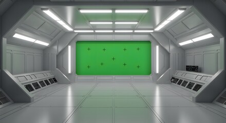 Futuristic Spaceship Corridor Interior Design with Green Screen Background for Film Production and VFX