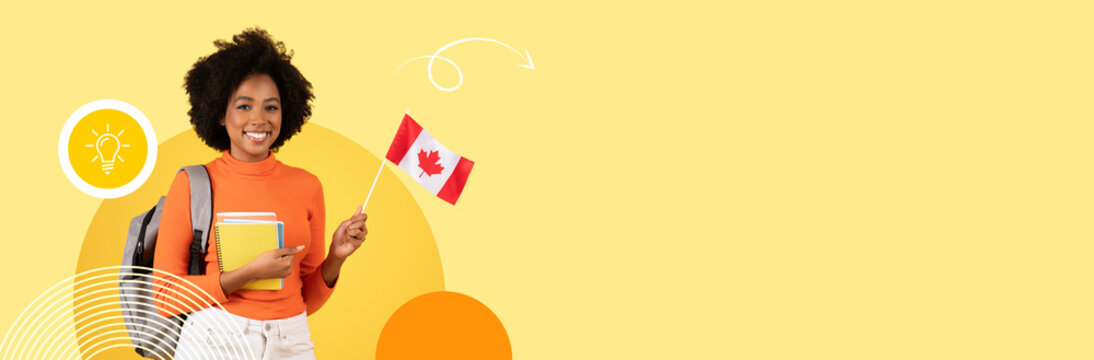 A young student with a bright smile holds a Canadian flag while carrying books. The cheerful background suggests a vibrant learning environment, reflecting the new normal in education.