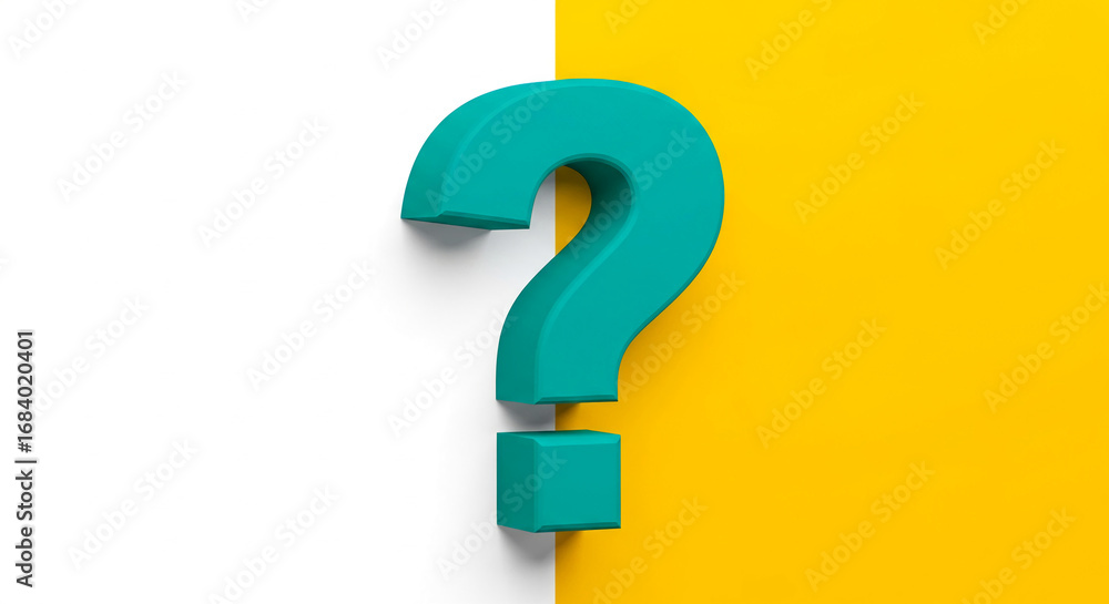 Poster teal 3d question mark on white and yellow background, symbolizing inquiry, doubt, or uncertainty, id