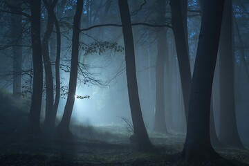 Naklejka premium Eerie forest path lit by a mysterious light on a foggy halloween night illustration