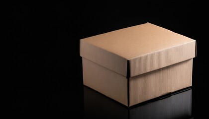 closed brown cardboard box positioned at the center against a solid black background with ample copy space for branding or text display