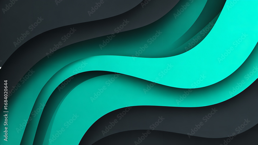 Poster abstract flowing teal and black layers with shadow effects on transparent background