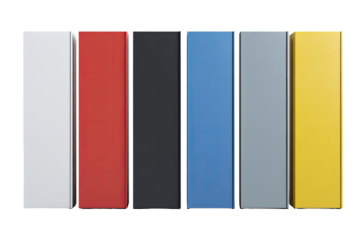 Rectangular colored blocks arranged vertically.  Solid color panels in white, red, black, blue, gray, and yellow.  Simple, geometric shapes