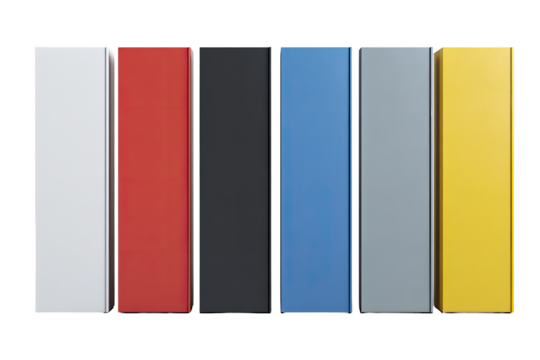 Rectangular colored blocks arranged vertically.  Solid color panels in white, red, black, blue, gray, and yellow.  Simple, geometric shapes