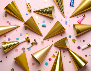A flat lay of various generic party poppers and colorful confetti scattered on a clean, vibrant background, ready for fun.