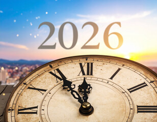 A generic clock face with hands approaching midnight, with "2026" faintly visible in the background, signaling transition.