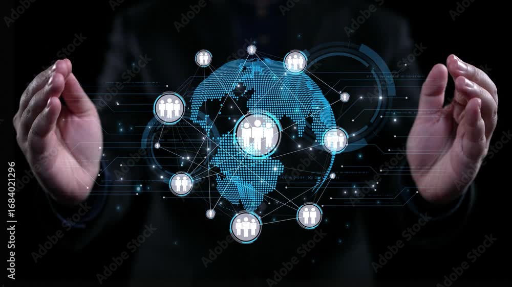 Poster a pair of hands holds a digital representation of the world, showcasing connected icons of people. t