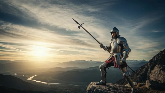 Knight in shining armor standing on a mountain peak with sword at sunset. Heroic knight portrayed in detailed armor capturing a moment of bravery and strength.
