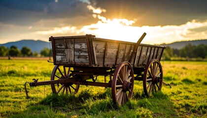 Rustic wagon at sunset